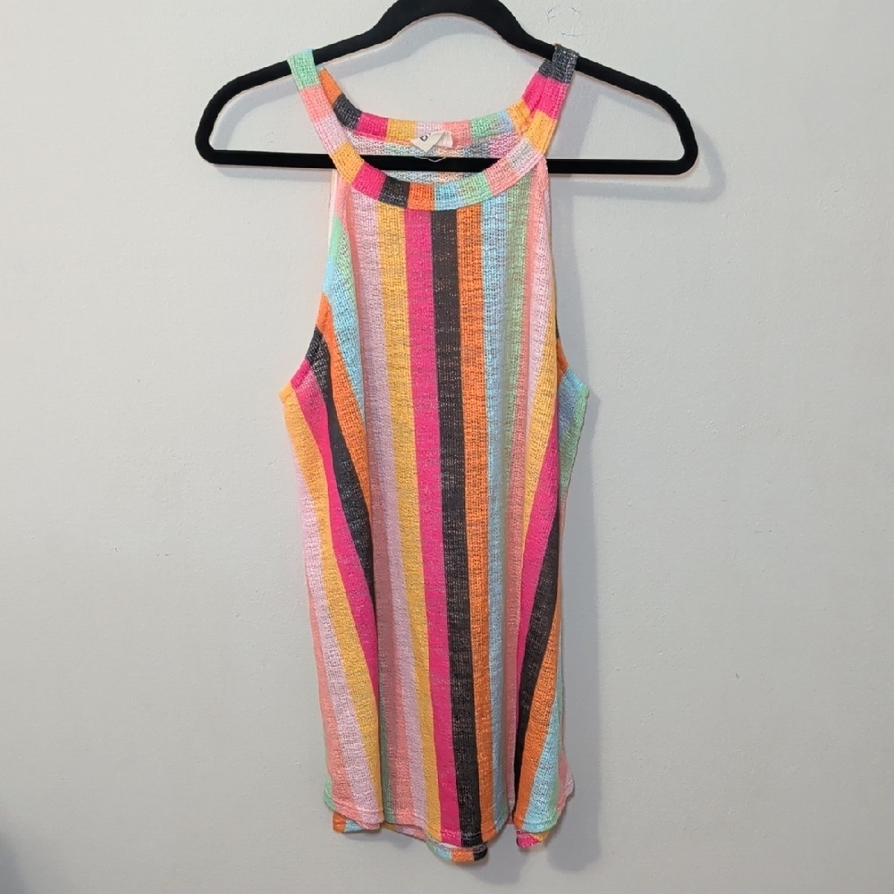 BiBi Rainbow Halter Tank Colorful Open-knit Boho Festival Retro Women's Size L